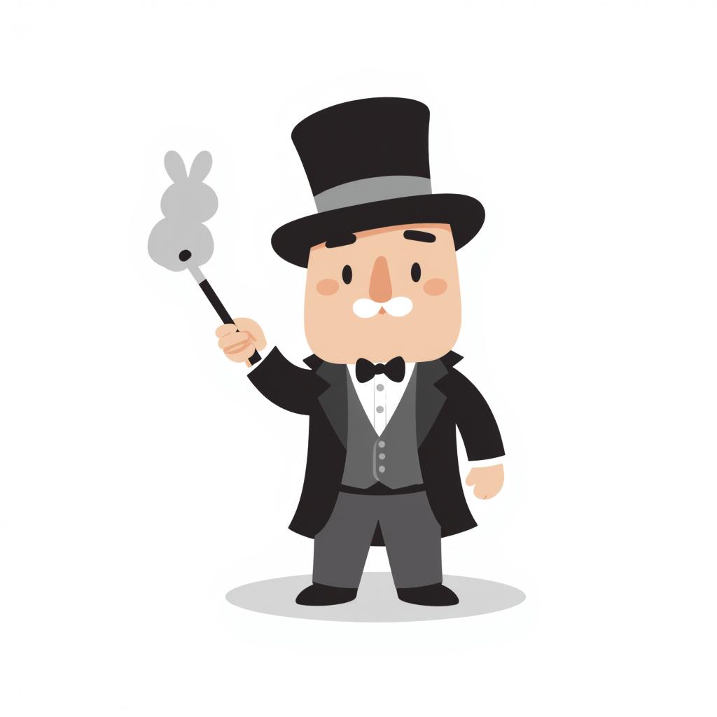 magician wearing a top hat and holding a wand, with a puff of smoke and a rabbit appearing out of thin air