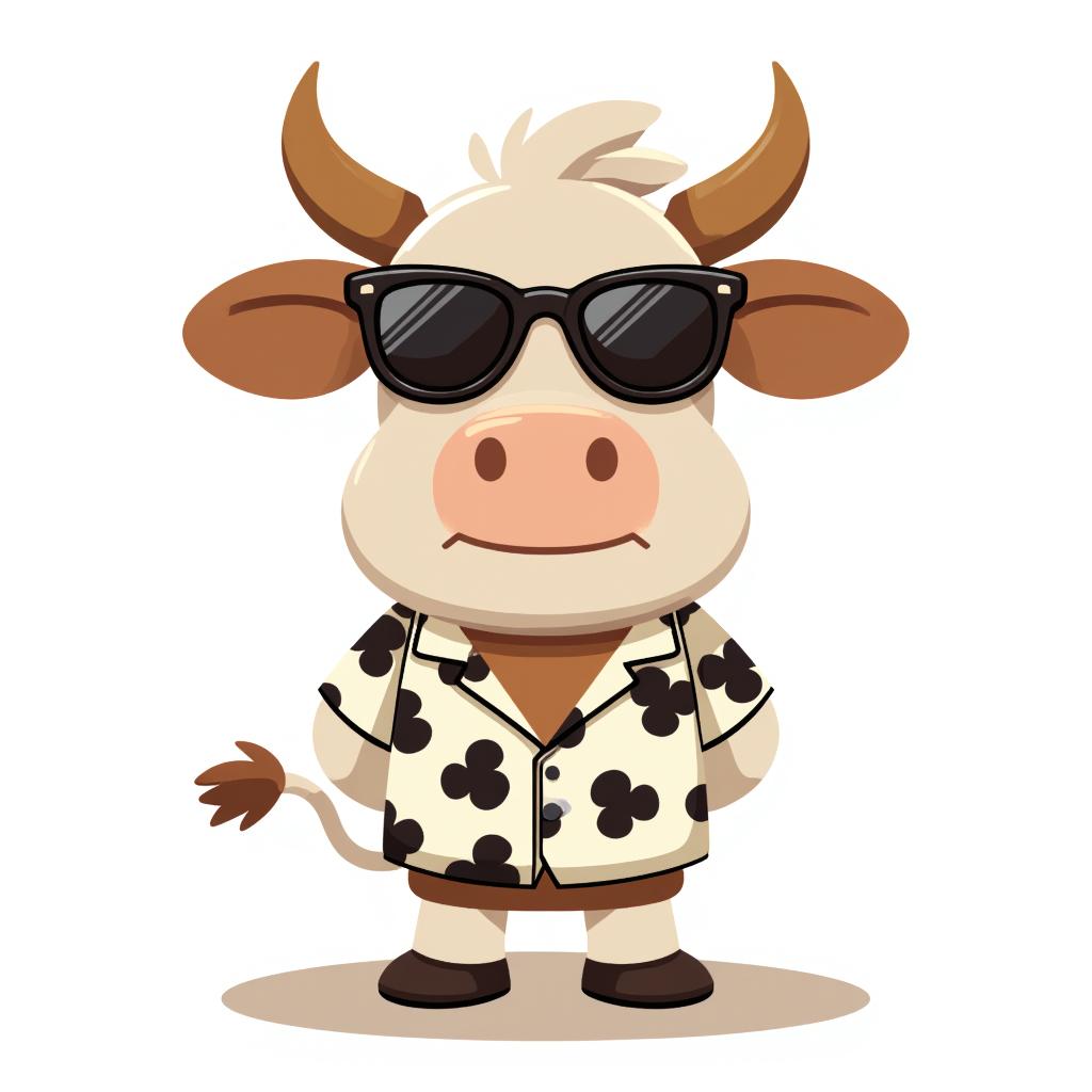 a cow wearing sunglasses and a Hawaiian shirt