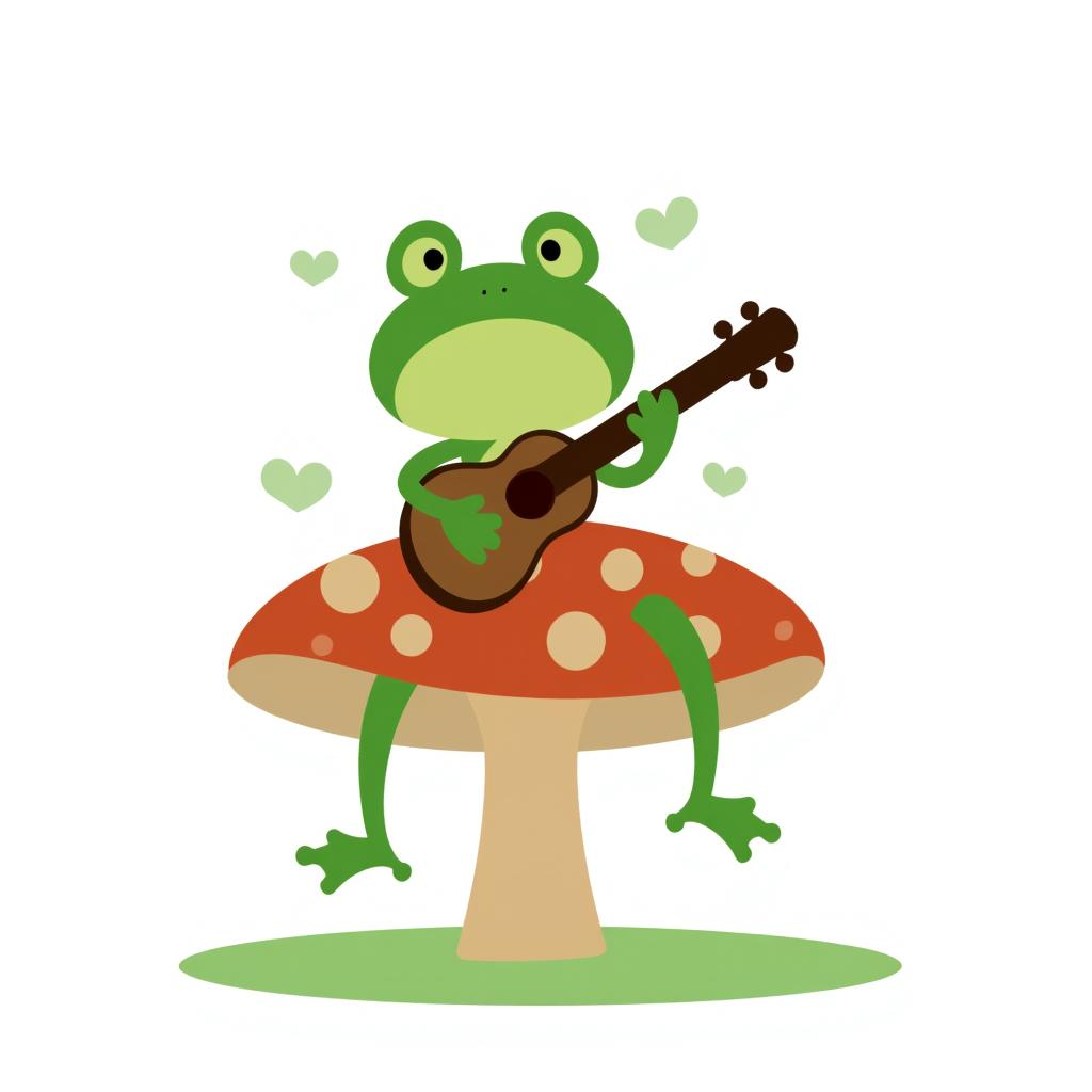 a green frog sitting on a mushroom playing a guitar