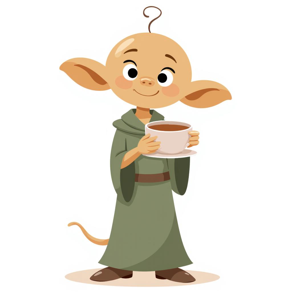 Dobby the house-elf from Harry Potter holding a tea cup