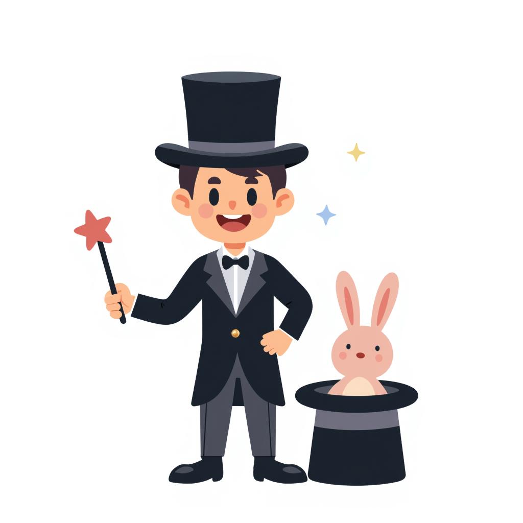 a magician in a top hat, holding a wand and pulling a rabbit out of a hat