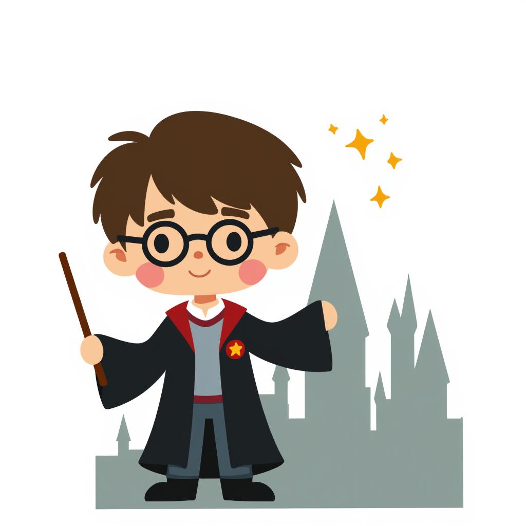 Harry Potter wearing glasses and holding a wand, with Hogwarts castle in the background