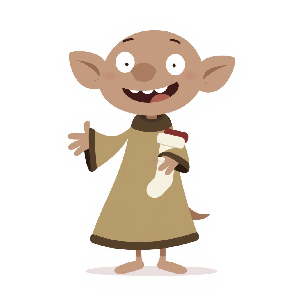 Dobby the house-elf from the Harry Potter series, holding a sock and giving a big smile