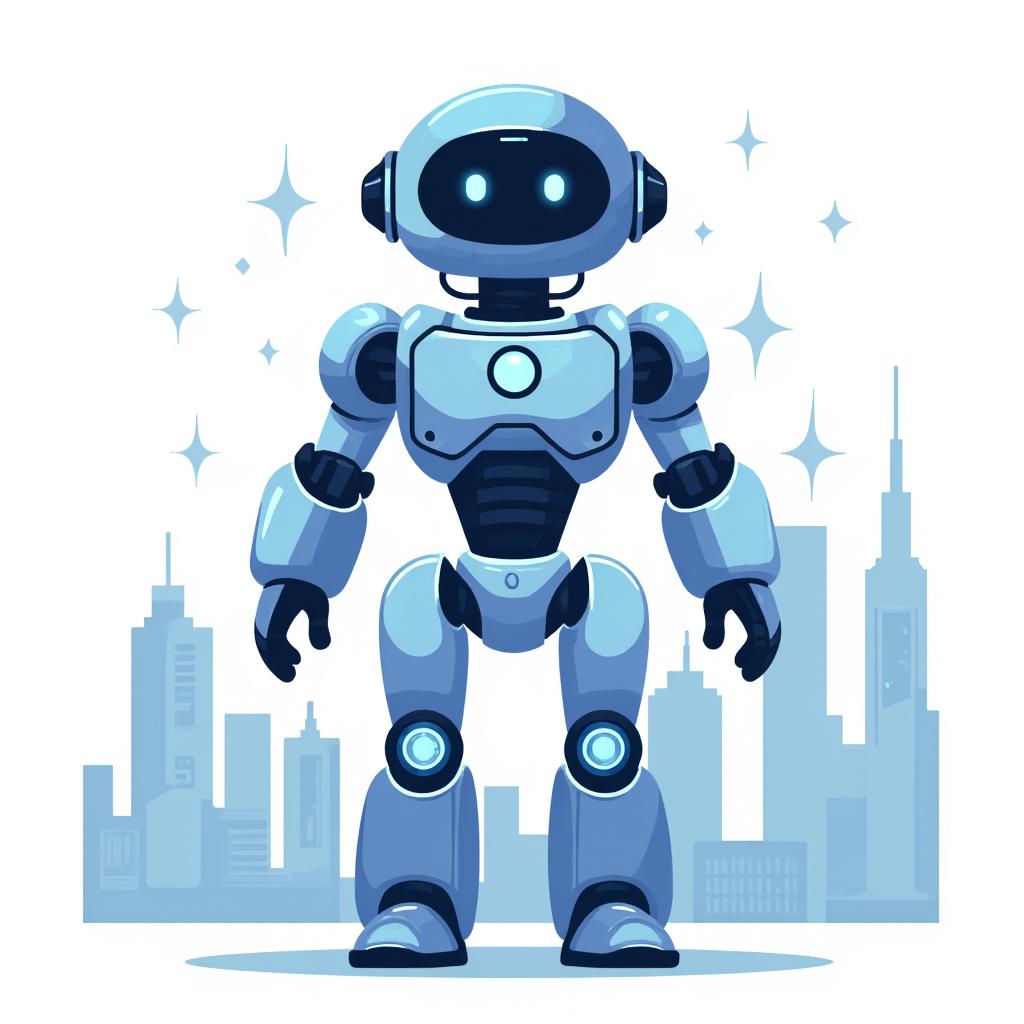 robot with glowing blue circuits and a metallic body standing in a futuristic cityscape