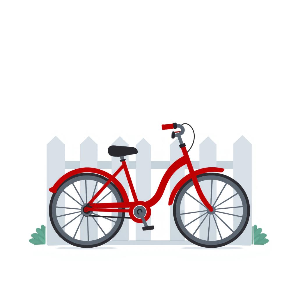 a shiny red bicycle leaning against a white picket fence