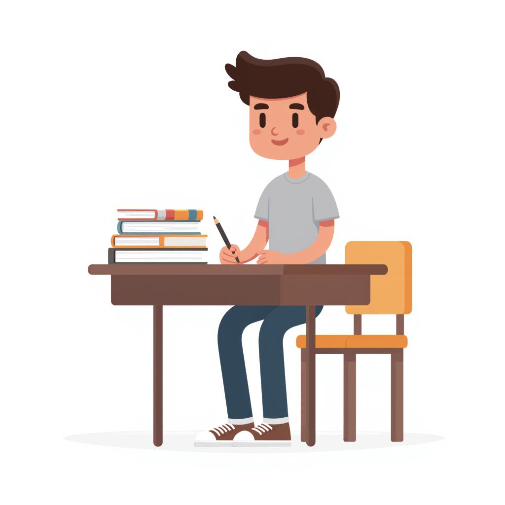 a student sitting at a desk with a stack of books and a pencil in hand