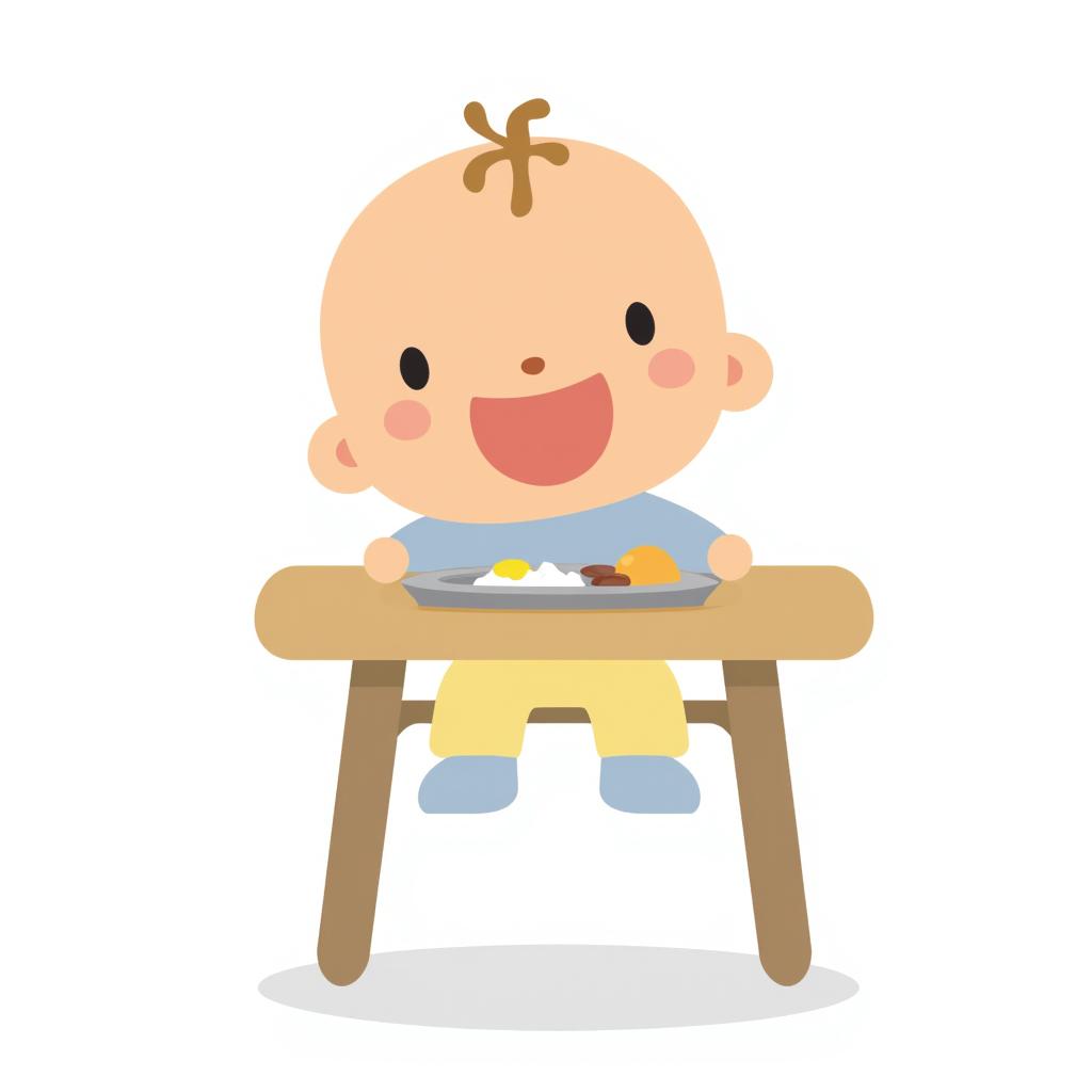 a baby in a high chair with a big smile and a plate of food