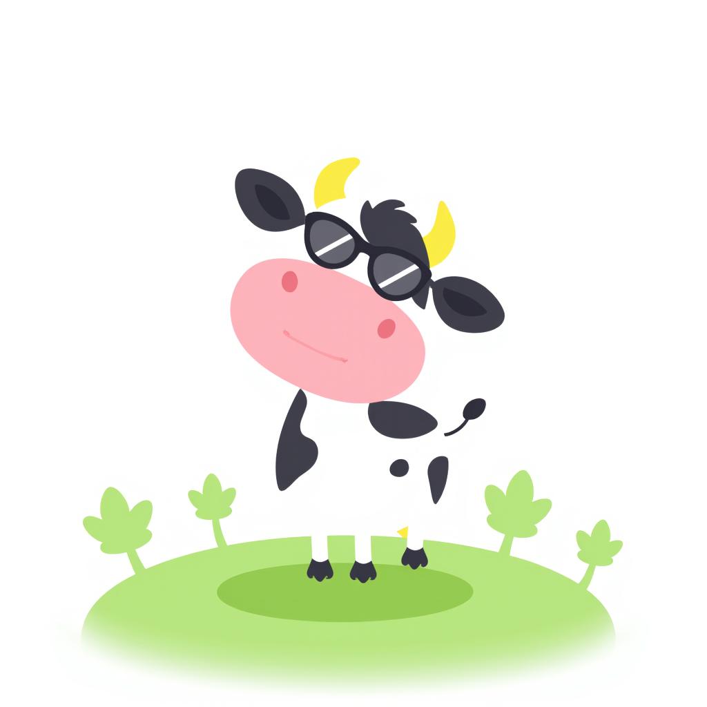 a happy cow wearing sunglasses in a green pasture