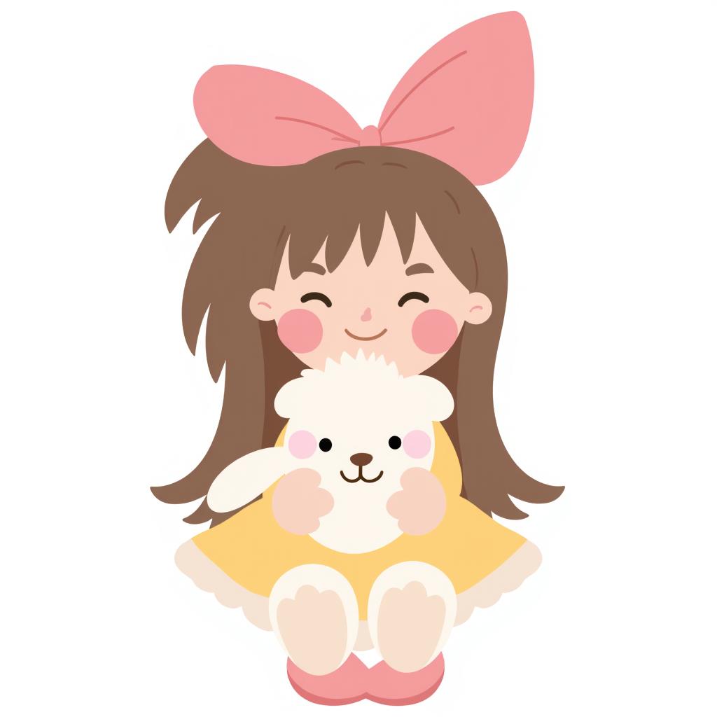 a smiling girl with a big bow in her hair, holding a stuffed rabbit