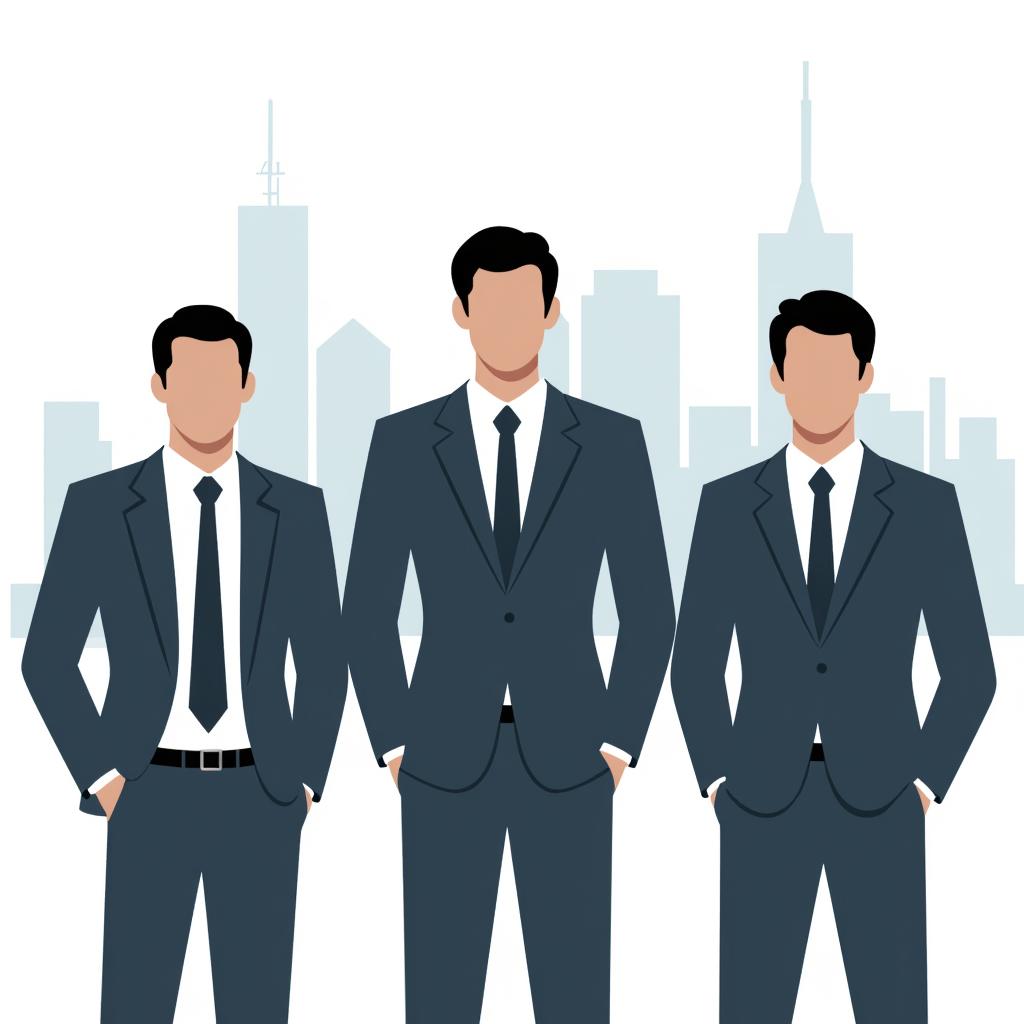 three men wearing suits standing in front of a city skyline