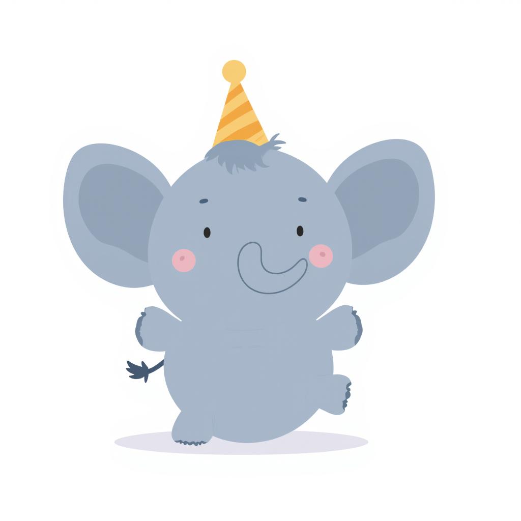 a large gray elephant with a big smile and a party hat