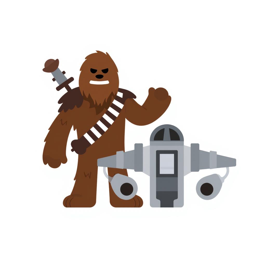 Chewbacca, the Wookiee, standing next to a Star Wars spaceship with his bowcaster slung over his shoulder