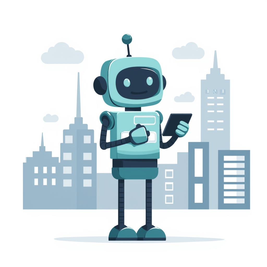 a robot holding a tablet with a cityscape in the background