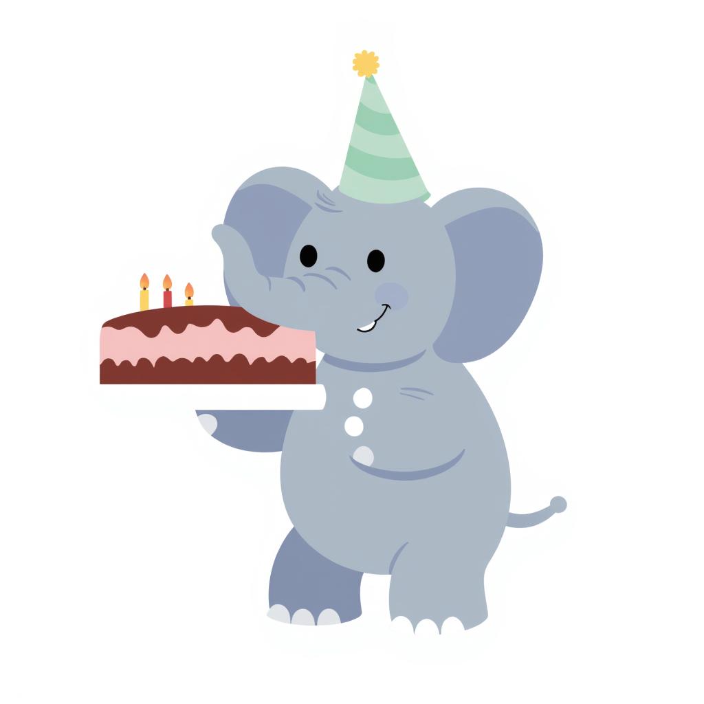 an elephant wearing a party hat and holding a large cake