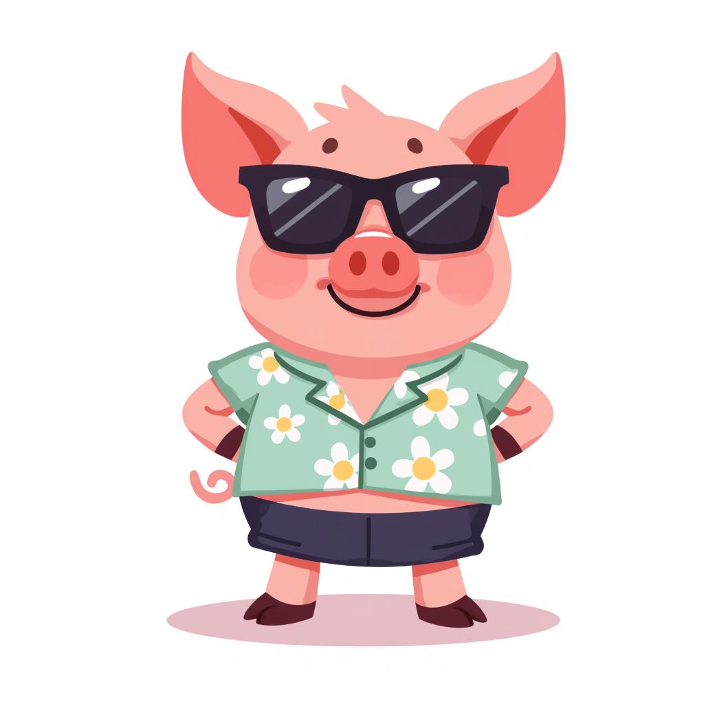 a smiling pig wearing sunglasses and a Hawaiian shirt