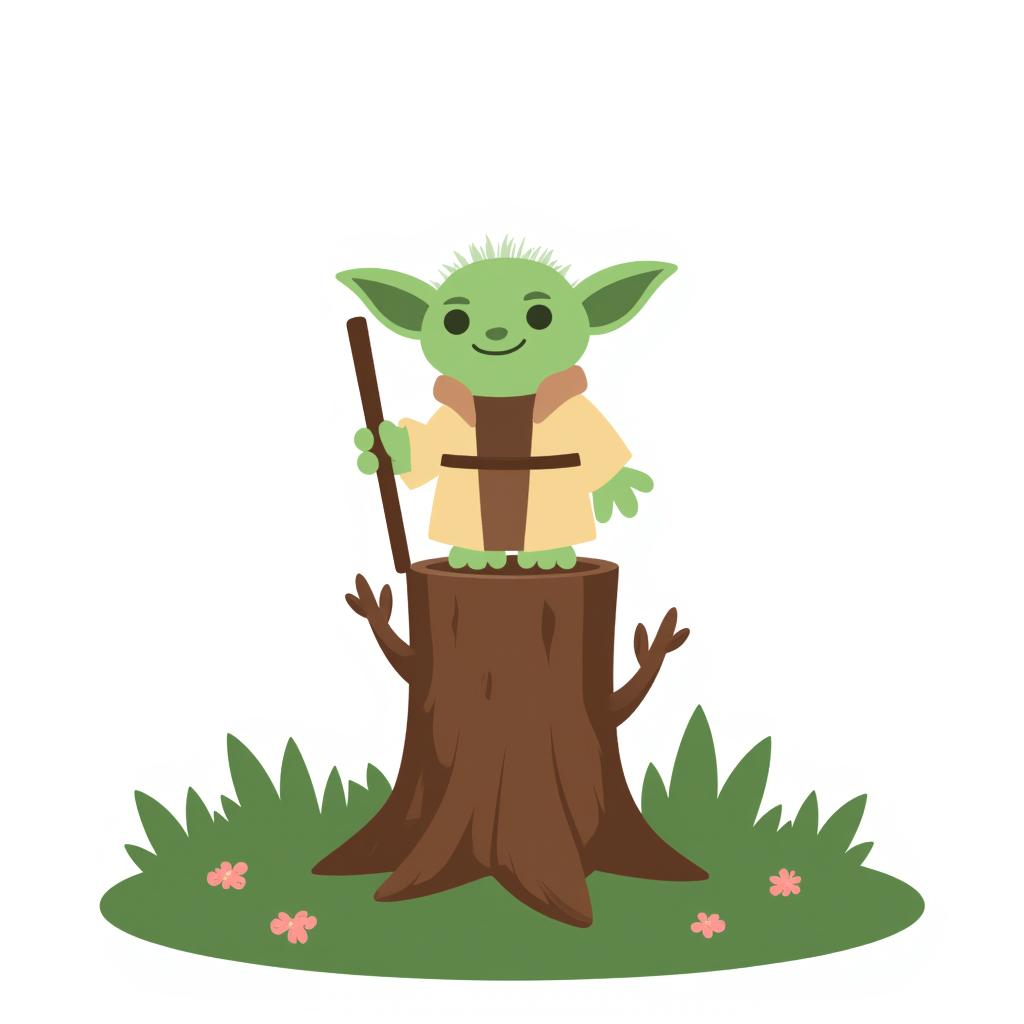 Yoda standing on a tree stump, holding a cane, in a swampy environment