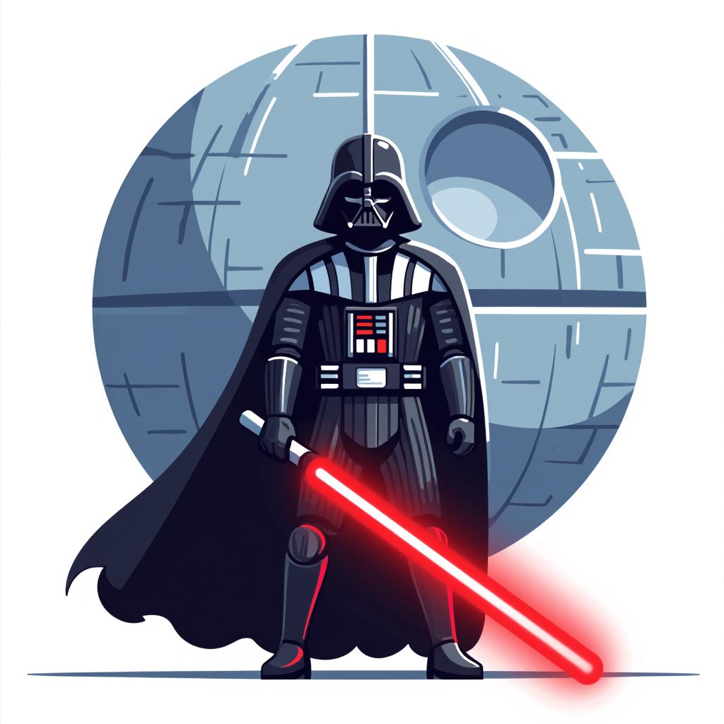 Darth Vader standing in front of a Star Wars Death Star with his lightsaber shining bright red