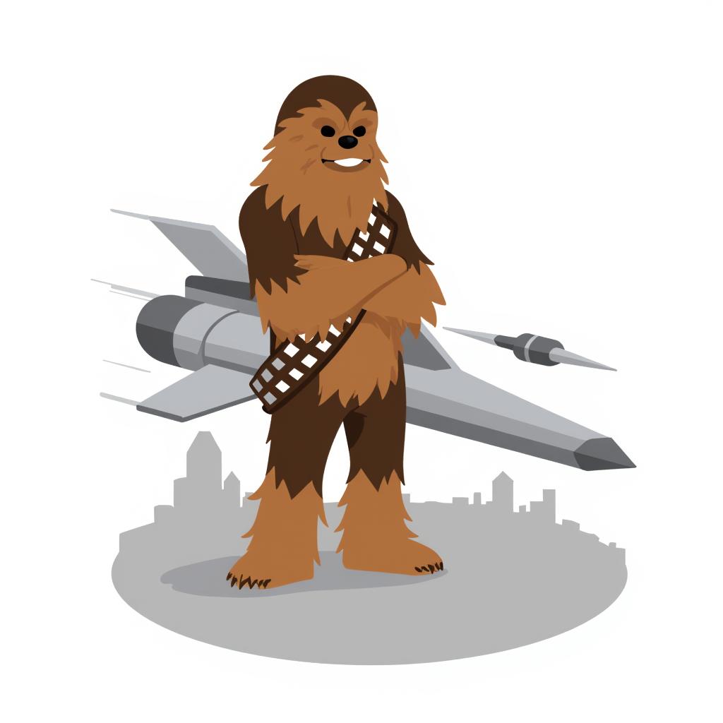 Chewbacca from Star Wars standing next to a spaceship with his arms crossed