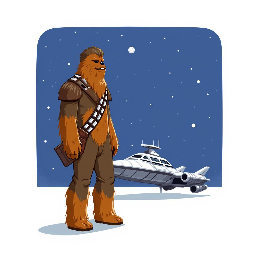 Chewbacca standing next to a starship, looking out at the stars