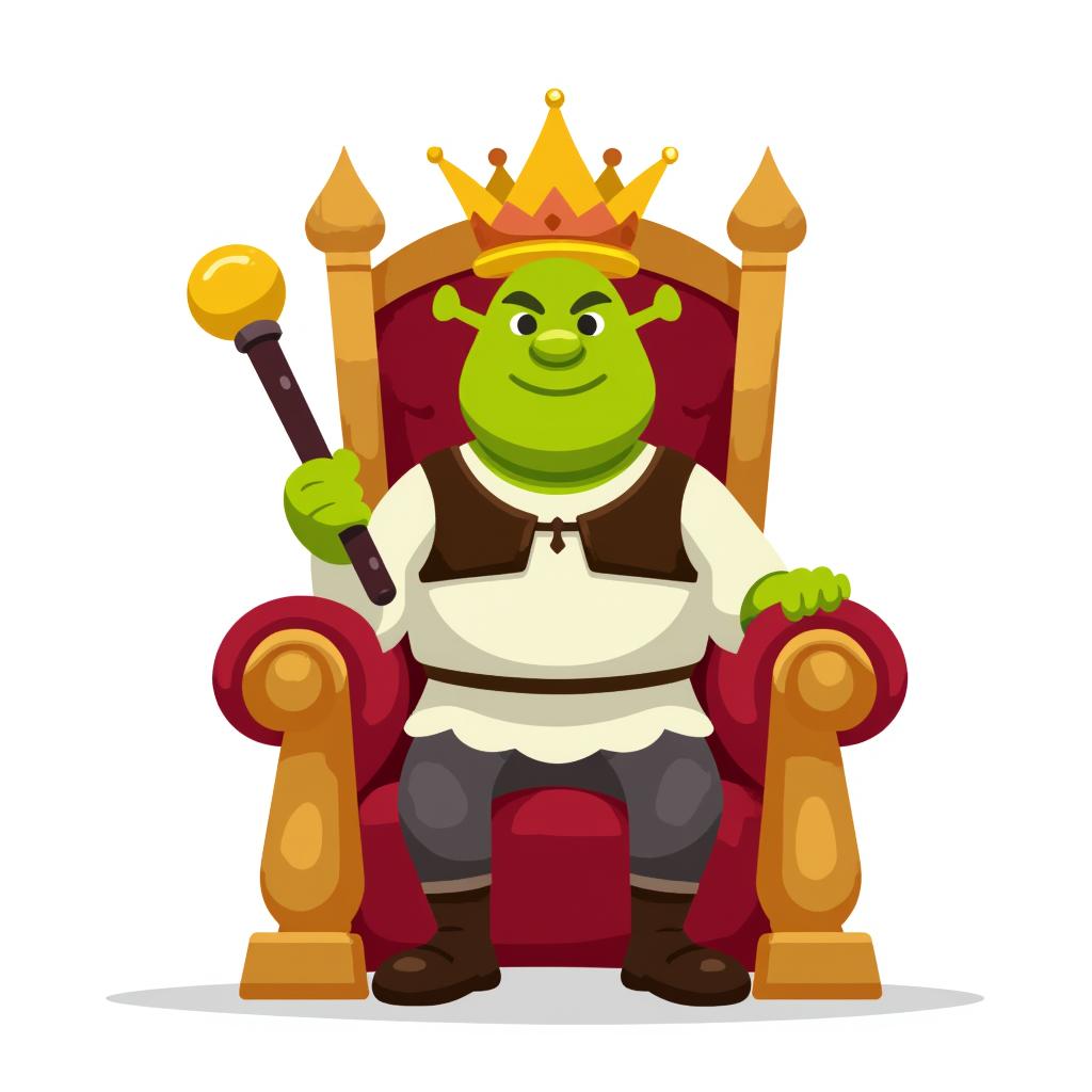 Shrek sitting on a throne, wearing a crown and holding a scepter