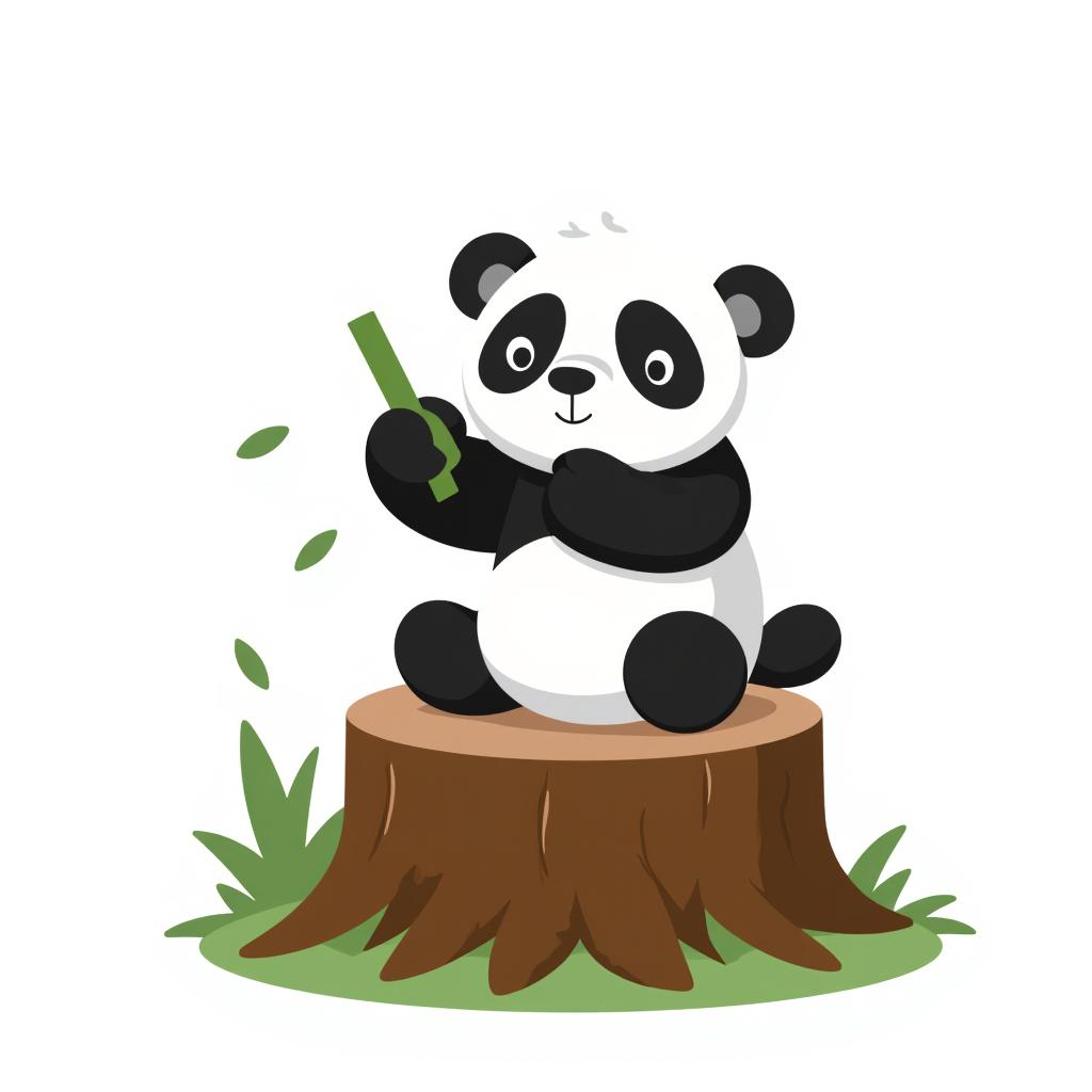 a giant panda sitting on a tree stump eating bamboo