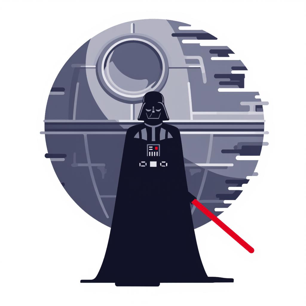 Darth Vader standing in front of the Death Star, lightsaber in hand