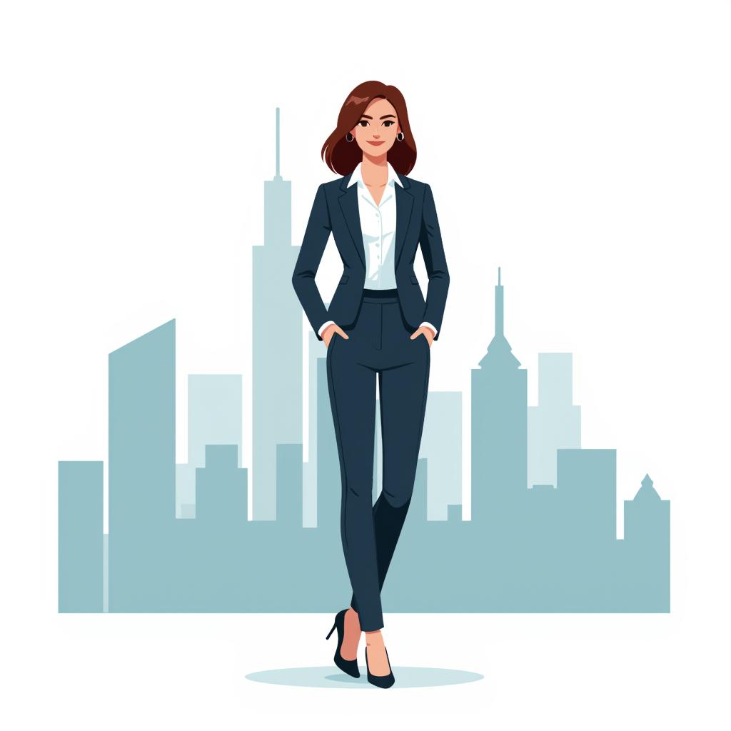 a woman wearing a business suit and standing confidently in front of a city skyline