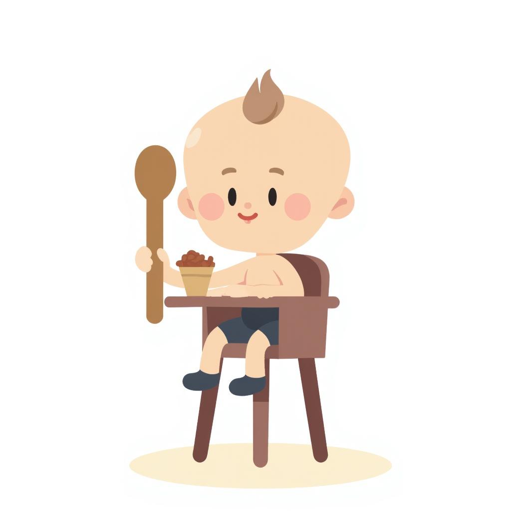 baby sitting in a high chair playing with a big wooden spoon