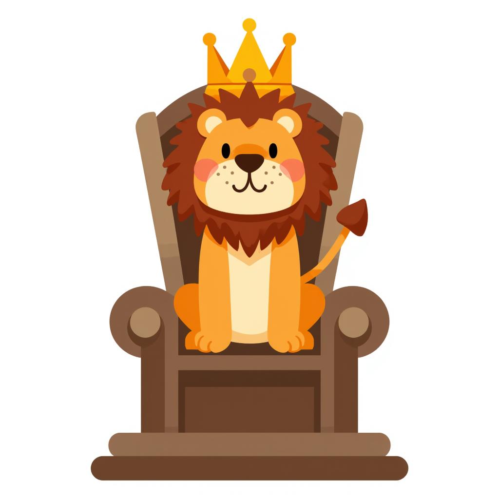 a lion wearing a crown and sitting on a throne