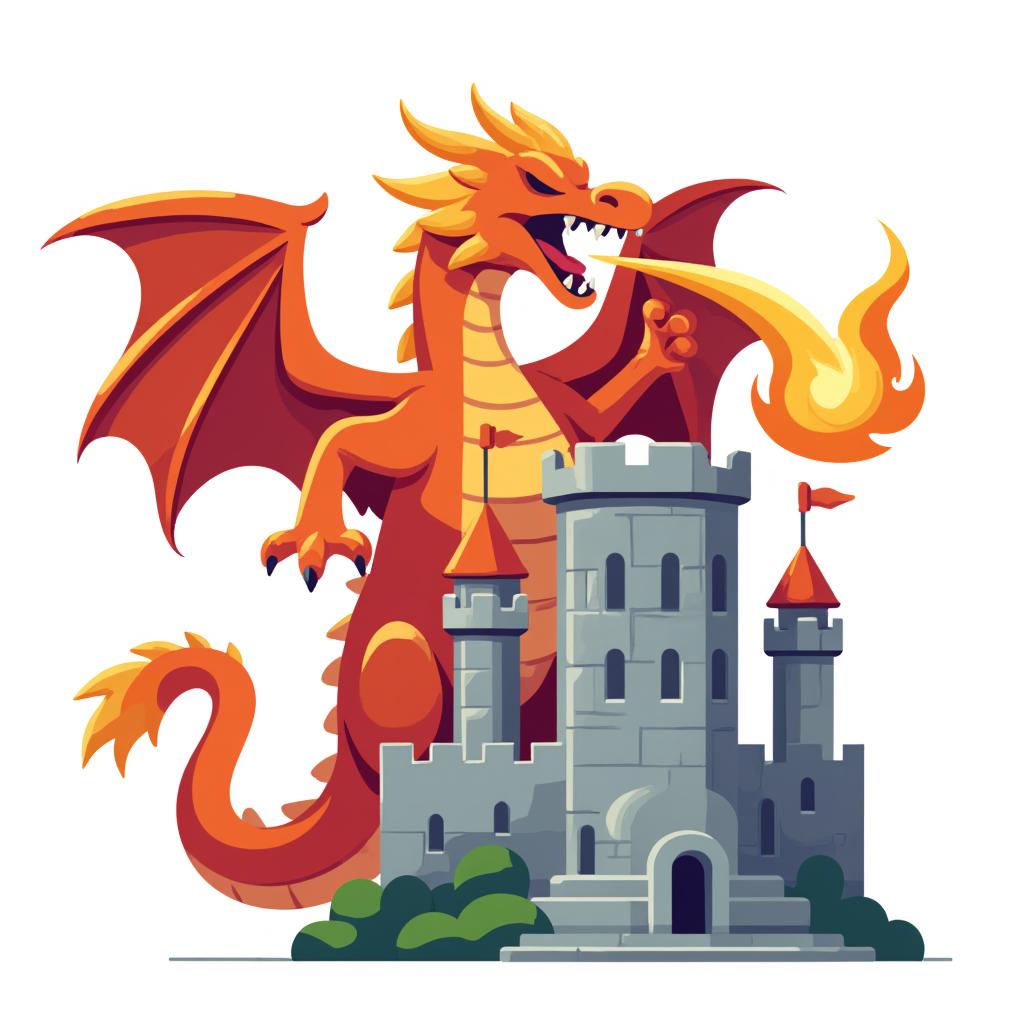 a large, fiery dragon breathing fire over a medieval castle