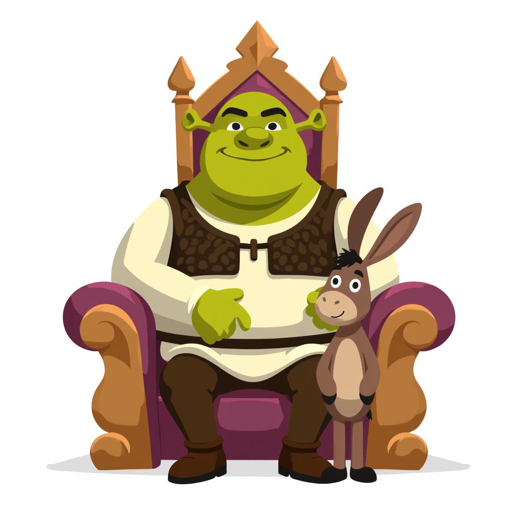 Shrek sitting on a throne with Donkey standing next to him