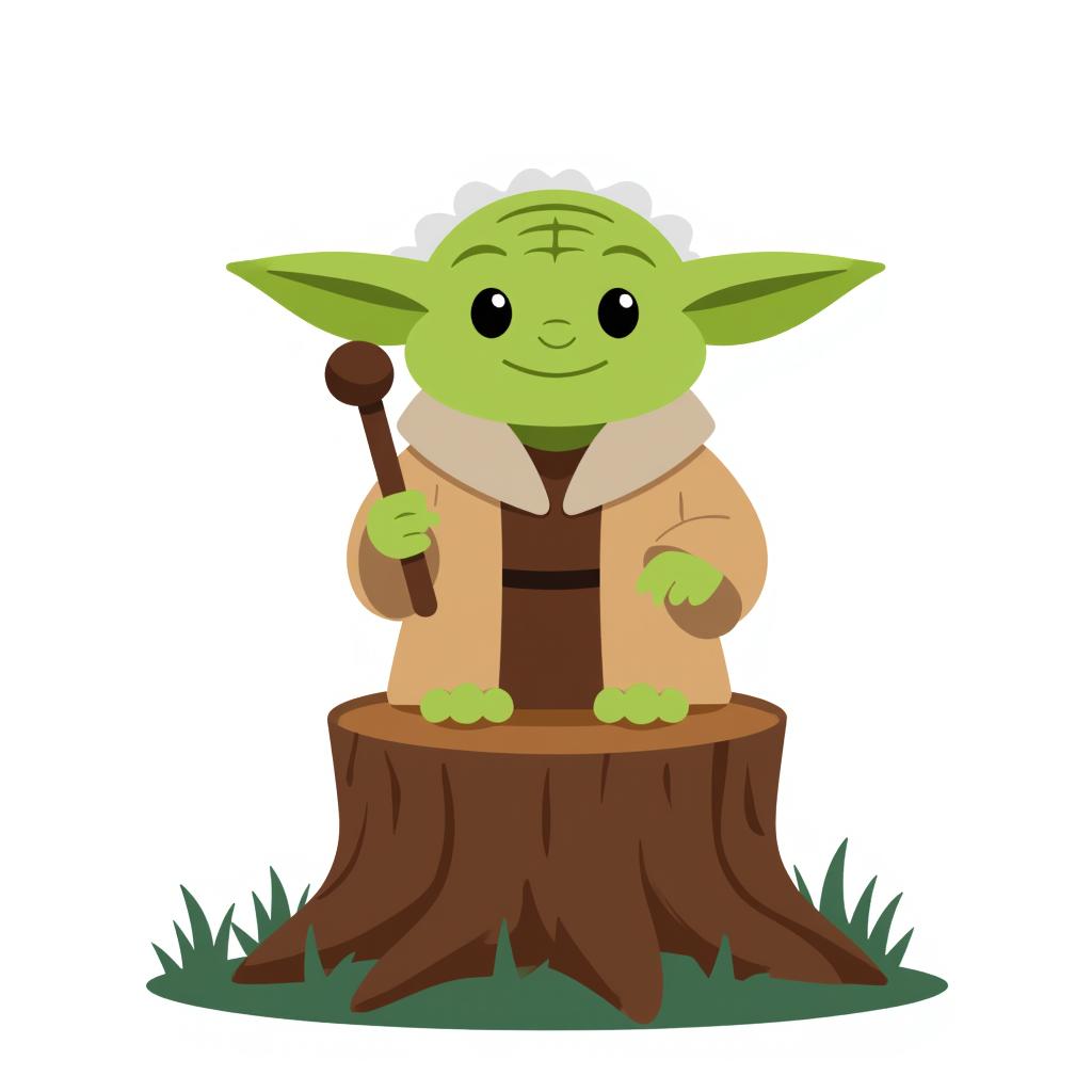 Yoda sitting on a tree stump, holding a walking stick and looking wise