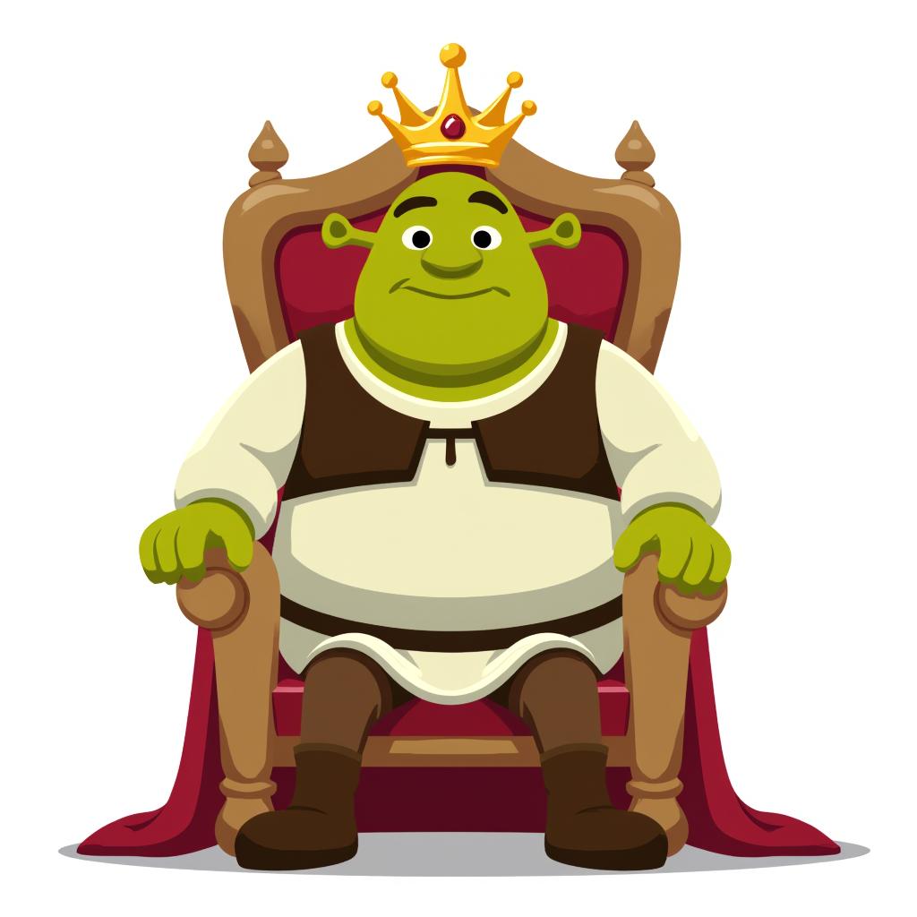 Shrek sitting on a throne wearing a crown