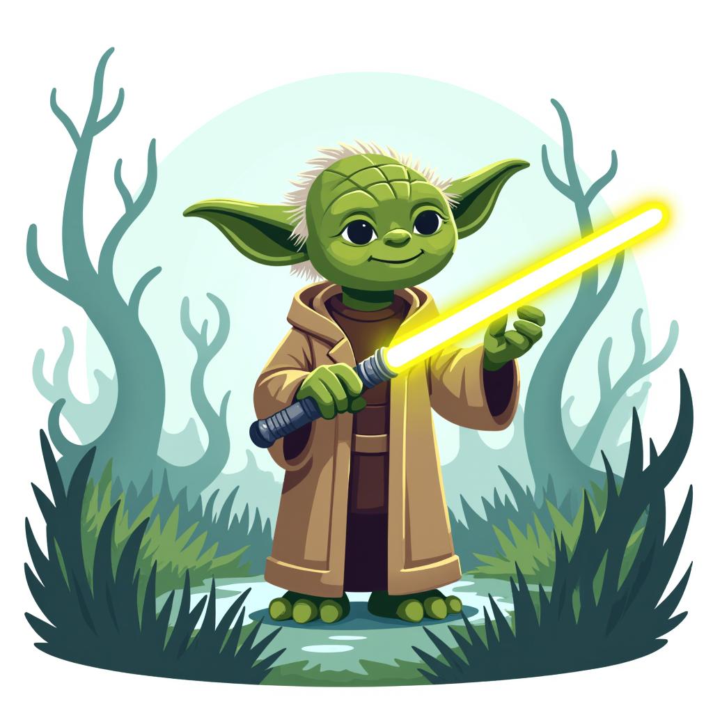 yoda holding a lightsaber in a swampy environment