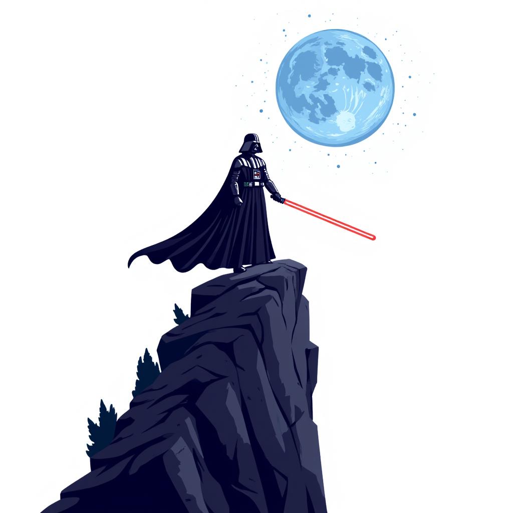 Darth Vader standing on a cliff overlooking a galaxy, with his lightsaber in hand