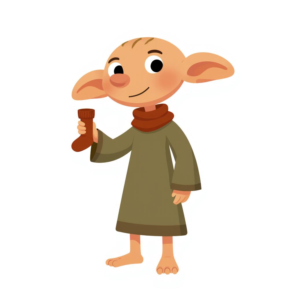 Dobby the house-elf from the Harry Potter series, holding a sock and smiling